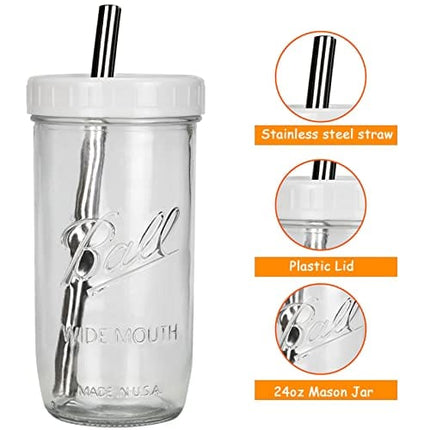 Bedoo Bubble Tea Cups 4 Pack 24 oz, Reusable Wide Mouth Smoothie Cups, Iced Coffee Cups With White Lids and Silver Straws Mason Jars Glass Cups, Travel Glass Drinking Bottle
