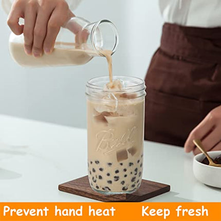 Bedoo Bubble Tea Cups 4 Pack 24 oz, Reusable Wide Mouth Smoothie Cups, Iced Coffee Cups With White Lids and Silver Straws Mason Jars Glass Cups, Travel Glass Drinking Bottle
