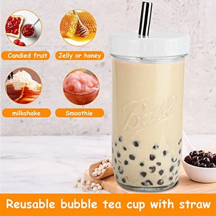 Bedoo Bubble Tea Cups 4 Pack 24 oz, Reusable Wide Mouth Smoothie Cups, Iced Coffee Cups With White Lids and Silver Straws Mason Jars Glass Cups, Travel Glass Drinking Bottle