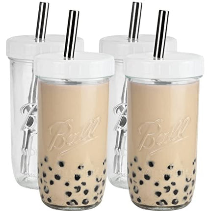 Bedoo Bubble Tea Cups 4 Pack 24 oz, Reusable Wide Mouth Smoothie Cups, Iced Coffee Cups With White Lids and Silver Straws Mason Jars Glass Cups, Travel Glass Drinking Bottle