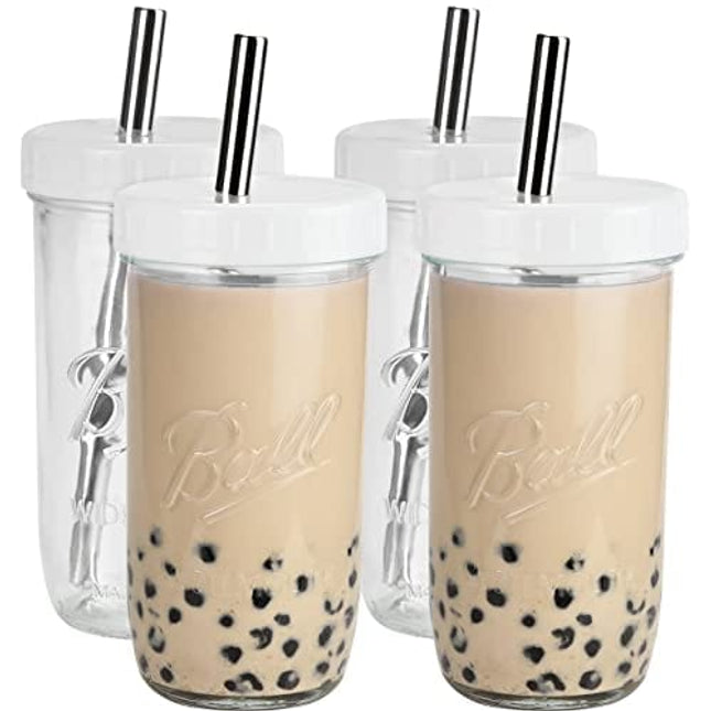 Bedoo Bubble Tea Cups 4 Pack 24 oz, Reusable Wide Mouth Smoothie Cups, Iced Coffee Cups With White Lids and Silver Straws Mason Jars Glass Cups, Travel Glass Drinking Bottle