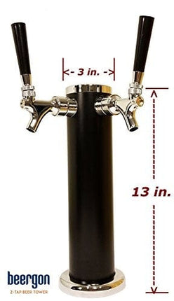 Double Tap Draft Beer Tower - 2-Tap Beer Column 13-inch High by 3-inch Diameter - Stainless Steel Body With Unique Black Satin Finish - Chrome Finish Faucets - BEERGON BT-1000