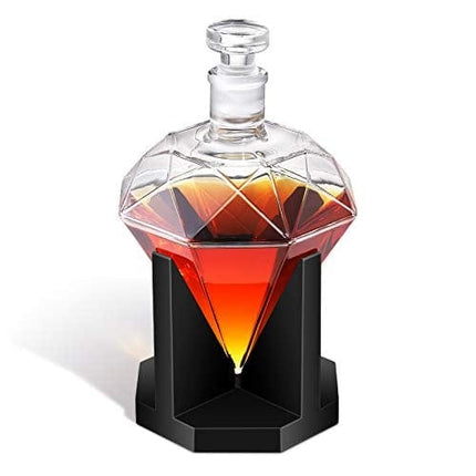 Whiskey Decanter - Diamond Decanter with Wooden Holder, Handcrafted Crafted Glass Decanter with Stopper for Liquor, Vodka, Bourbon, Tequila, Scotch, Rum, Ideal Gift 850ml