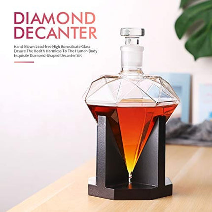 Whiskey Decanter - Diamond Decanter with Wooden Holder, Handcrafted Crafted Glass Decanter with Stopper for Liquor, Vodka, Bourbon, Tequila, Scotch, Rum, Ideal Gift 850ml