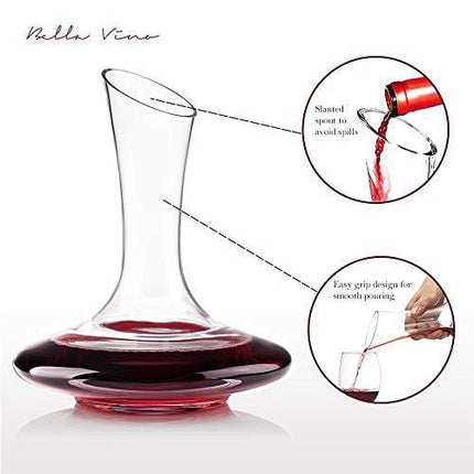 Bella Vino Wine Decanter, 100% Lead-Free Hand Blown Crystal Glass, Red Wine Carafe, Wine Aerator with Wide Base,Wine Accessories,Wine Gift, Elegant and Effective Red Wine Carafe (1800ML)