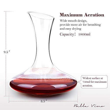 Bella Vino Wine Decanter, 100% Lead-Free Hand Blown Crystal Glass, Red Wine Carafe, Wine Aerator with Wide Base,Wine Accessories,Wine Gift, Elegant and Effective Red Wine Carafe (1800ML)