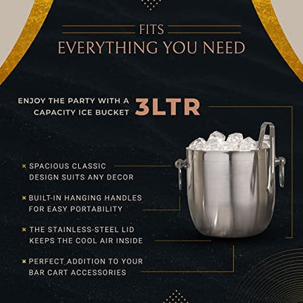 Bellemain Stainless Steel Ice Bucket with Lid - Double Wall Insulated Ice Bucket for Cocktail Bar, Parties, Buffet - Bartender Ice Cube Holder with Drip Tray, Tongs - 3 Liter Large Ice Container