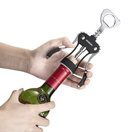 Wine Opener, Zinc Alloy Premium Wing Corkscrew Wine Bottle Opener with Multifunctional Bottles Opener, Upgrade - Black