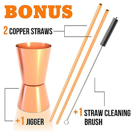 Benicci Moscow Mule Copper Mugs - Set of 2-100% HANDCRAFTED - Food Safe Pure Solid Copper Mugs - 16 oz Gift Set with BONUS - Premium Quality Cocktail Copper Straws, Straw Cleaning Brush and Jigger!
