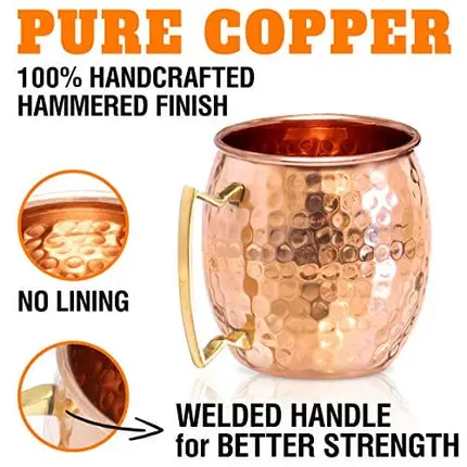Benicci Moscow Mule Copper Mugs - Set of 4 - 100% HANDCRAFTED - Food Safe Pure Solid Copper Mugs - 16 oz Gift Set with BONUS: Premium Quality Cocktail Copper Straws and Jigger!