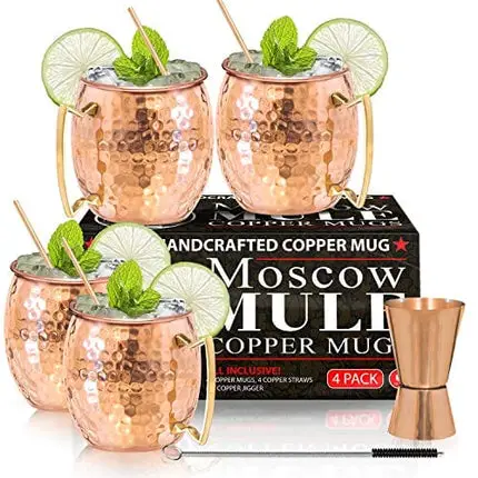 Benicci Moscow Mule Copper Mugs - Set of 4 - 100% HANDCRAFTED - Food Safe Pure Solid Copper Mugs - 16 oz Gift Set with BONUS: Premium Quality Cocktail Copper Straws and Jigger!