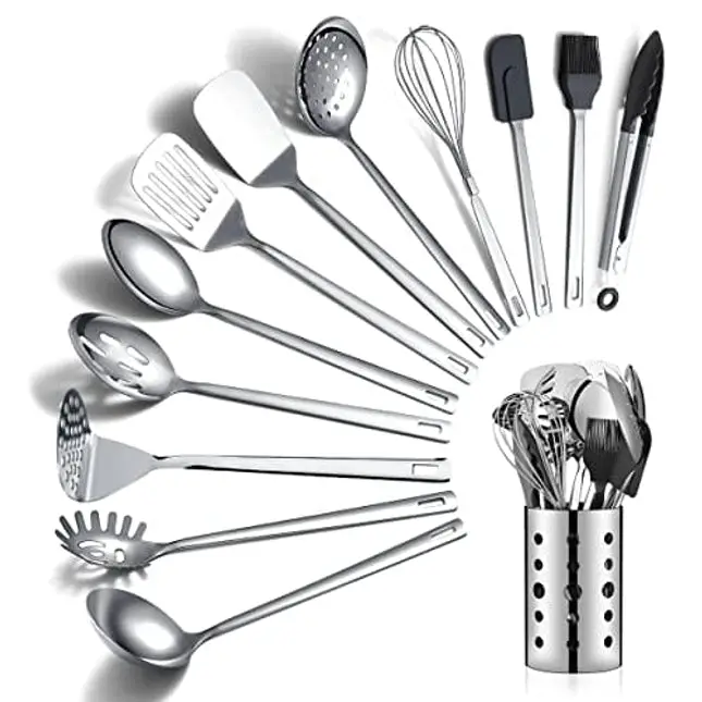 15x Stainless Steel Cooking Utensils Heat Resistant with Holder