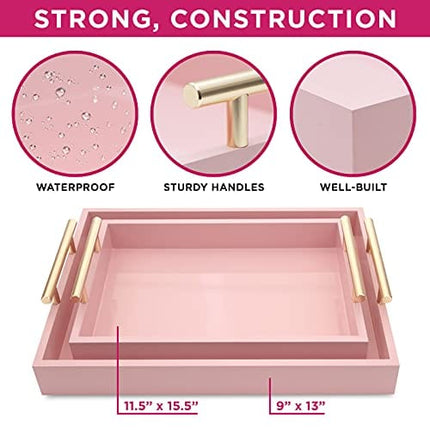 2 Pack Nesting Decorative Trays - Ottoman Serving Tray with Polished Handles & Glossy Finish - for Living Room Coffee Table, Bed, Couch, Kitchen for Dining, Parties Or Bathroom Organization – Pink