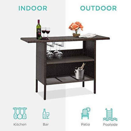 Best Choice Products Outdoor Patio Wicker Bar Counter Table Backyard Furniture w/ 2 Steel Shelves and 2 Sets of Rails - Brown