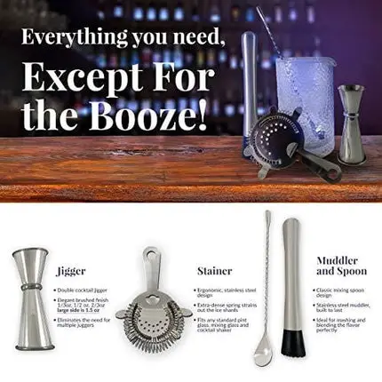 Bevants Cocktail Mixing Glass Bar Set - Bartender Kit Stainless Steel -24 oz Crystal Mixing Glass for Home Bar - 5 Piece Bar Accessories- Hawthorne Strainer, Bar Spoon, Jigger and Muddler. Great Gift