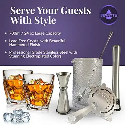 Bevants Cocktail Mixing Glass Bar Set - Bartender Kit Stainless Steel -24 oz Crystal Mixing Glass for Home Bar - 5 Piece Bar Accessories- Hawthorne Strainer, Bar Spoon, Jigger and Muddler. Great Gift