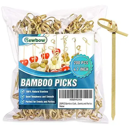200PCS Bamboo Cocktail Picks, 4.7 Inch Handmade Sticks Cocktail Skewers, Cocktail Picks Fruit Toothpick for Appetizers, Fancy Toothpicks for Events and Parties
