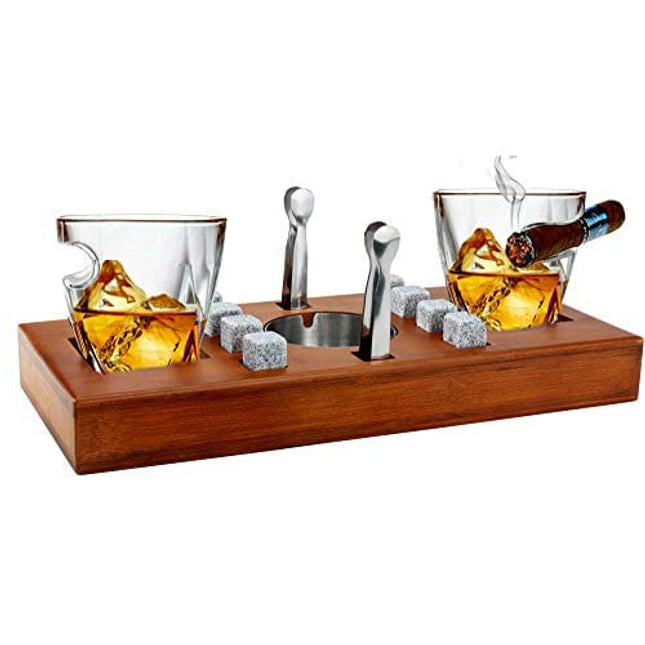 Bezrat Old Fashioned Cigar Whiskey Glasses With Mounted Cigar Rest Gift Set + Cigar Cutter, Ashtray, Chilling Stones and accessories on Wooden Tray – Cigarette Smoking Ash Tray Granite Rocks (Brown)