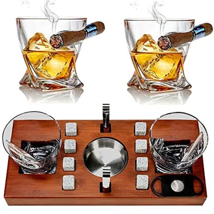Bezrat Old Fashioned Cigar Whiskey Glasses With Mounted Cigar Rest Gift Set + Cigar Cutter, Ashtray, Chilling Stones and accessories on Wooden Tray – Cigarette Smoking Ash Tray Granite Rocks (Brown)