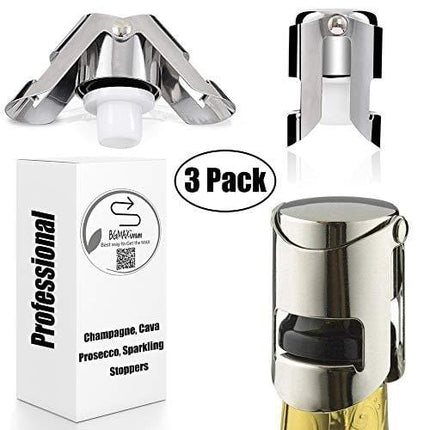 Champagne Sealer Stopper, BGMAX 3 Pack Stainless Steel Sparkling Wine Bottle Plug Sealer Set with a Longer Sealing Plug, Gifts Accessories for Champagne