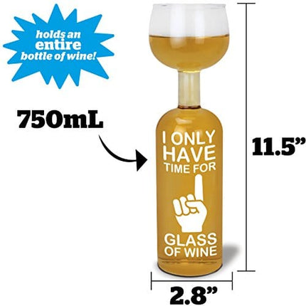 BigMouth Inc. Wine Bottle Glass - “I Only Have Time for 1 Glass of Wine”, Large Wine Glass, Holds an entire 750mL Bottle of Wine