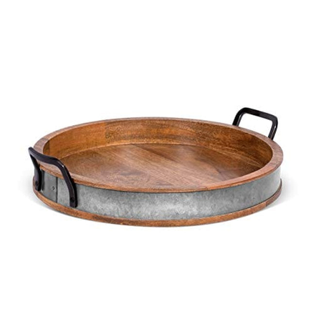 BIRDROCK HOME Wooden Serving Tray with Handles - Iron Accents - Round Barrel Top Breakfast Trays - Tea Cheese Board - Coffee Table Décor - Natural Wood with Iron - Kitchen - Bar - Large