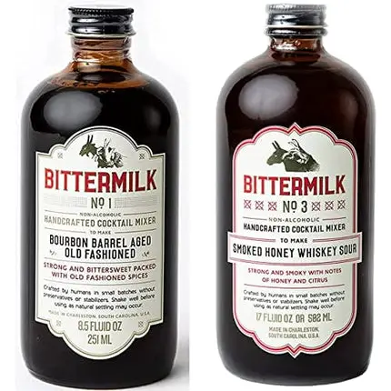 Bittermilk Bestselling Whiskey Bundle - No 1 & No 3 - Bourbon Barrel Aged Old Fashioned Mix & Smoked Whiskey Sour Mix - Makes 34 Cocktails
