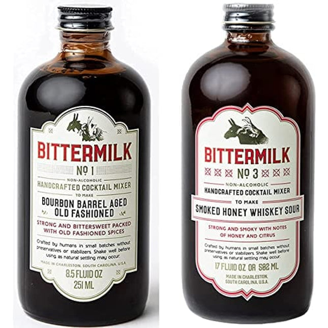 Bittermilk Bestselling Whiskey Bundle - No 1 & No 3 - Bourbon Barrel Aged Old Fashioned Mix & Smoked Whiskey Sour Mix - Makes 34 Cocktails