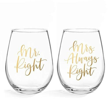 Bliss Collections Mr Right & Mrs Always Right Wine Glasses - 20oz Stemless Wine Glass, Set of 2. Perfect Engagement, Bridal Shower, Bachelorette Party or Wedding Gift (LEAD FREE & BPA FREE)