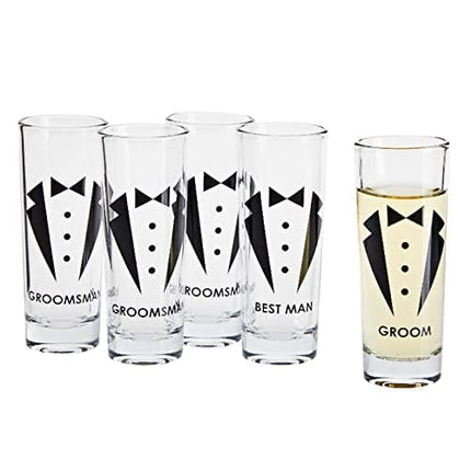 Blue Panda Party Favors Shot Glasses - Bachelor Shot Glasses with Tuxedo and Groom, Best Man & Groomsman Prints- Set of 5, 2 oz Each