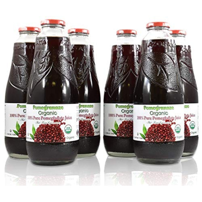 100% Pomegranate Juice - USDA Organic Certified - Glass Bottle (6 Pack) No Sugar, No Artificial Colors, No Preservatives, No Flavors Added