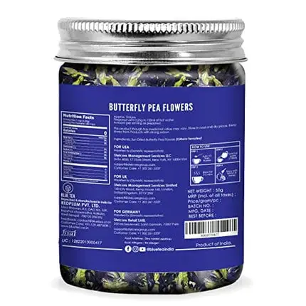 BLUE TEA - Butterfly Pea Flower Tea (1.76 Oz - 150 cups/150 Drink) | NATURAL COLORANT for Food, Iced Teas, Coolers, Cocktails | Food Grade Recyclable PET Jar | NON GMO | Gluten Free - FARM PACKED | For Beverage | For Gift | 100% Organic - Non Toxic - Vega