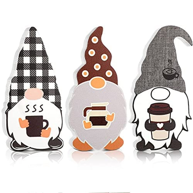 3 Pieces Coffee Gnome Wooden Signs Wood Gnome Signs Decor Coffee Bar Gnome Tiered Tray Decor Freestanding Gnome Signs Rustic Gnome Elf Table Signs for Coffee Shop Farmhouse Home Office Decoration