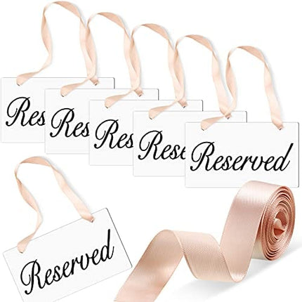 Blulu 6 Pieces Wooden Reserved Signs Hanging White Wood Signs Wedding Chair Seating Handmade Signage Rustic Style Wood Signs, 1 roll Light Coffee Color Ribbon for Wedding and Restaurant Use