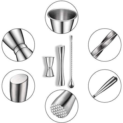 Boao Cocktail Shaker Set, Stainless Steel Cocktail Muddler, Double Cocktail Jigger and Spiral Pattern Bar Cocktail Shaker Mixing Spoon for Delicious Cocktails, Drinks, Juices