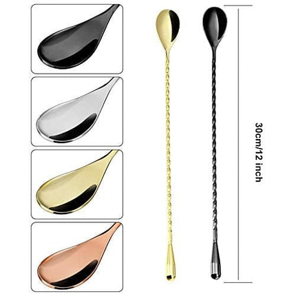 4 Pieces Cocktail Spoon Bar Stirring Spoon Long Handle Stainless Steel Spiral Pattern Cocktail Mixing Shaker Spoon, 12 Inch, 4 Colors (Silver, Gold, Rose Gold, Black)