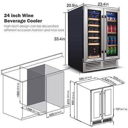 BODEGA Wine and Beverage Refrigerator,24 Inch Dual Zone Wine Cooler With Memory Temperature Control Built-In or Freestanding 2 Safety Locks Soft LED Light Quiet Operation Hold 19 Bottles and 57 Cans