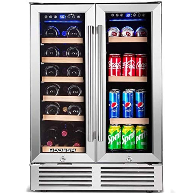 BODEGA Wine and Beverage Refrigerator,24 Inch Dual Zone Wine Cooler With Memory Temperature Control Built-In or Freestanding 2 Safety Locks Soft LED Light Quiet Operation Hold 19 Bottles and 57 Cans