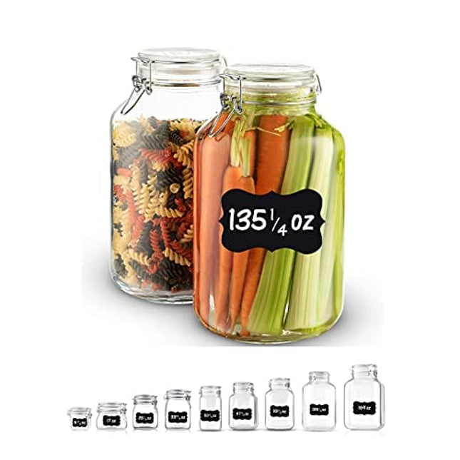 Bormioli Rocco Glass Fido Jars - 135¼ Ounce (4 Liter) with hermetically Sealed hinged Airtight lid for Fermenting, Preserving, Bulk - dry Food Storage, With Paksh Novelty Chalkboard Label Set (2 Pack)