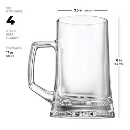Bormioli Rocco 4-Pack Solid Heavy Large Beer Glasses with Handle - 17.1/4 Ounce Glass Steins, Traditional Beer Mug glasses Set, Perfect Coffee - Tea Glass, Everyday Drinking Glasses, Cocktail Glasses