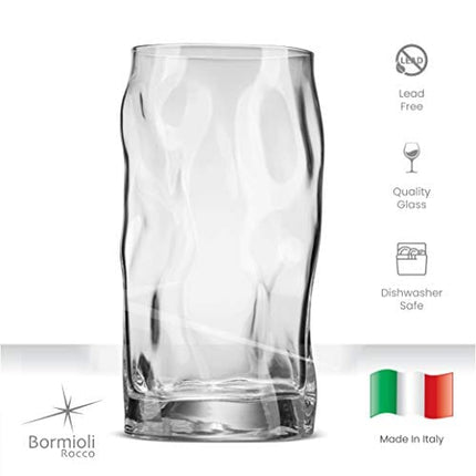 Bormioli Rocco SORGENTE Tall Drinking Glasses 15.5 Ounce Highball Glass (Set of 4) Mojito glass, Italian Made Bar Glasses, Glass Cups for Water, Juice, Beer, Drinks, Cocktails, Lead-Free Pint Glasses.