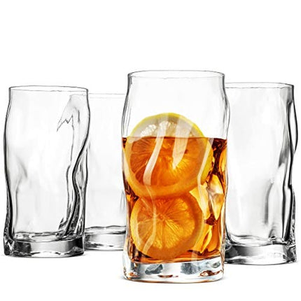 Bormioli Rocco SORGENTE Tall Drinking Glasses 15.5 Ounce Highball Glass (Set of 4) Mojito glass, Italian Made Bar Glasses, Glass Cups for Water, Juice, Beer, Drinks, Cocktails, Lead-Free Pint Glasses.