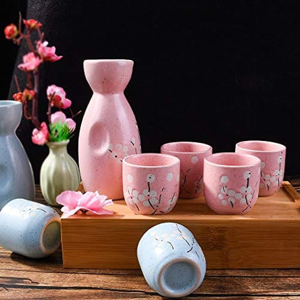 Japanese Sake set, 1 Sake Bottle and 4 Sake Cups for Wine Sake (Pink)