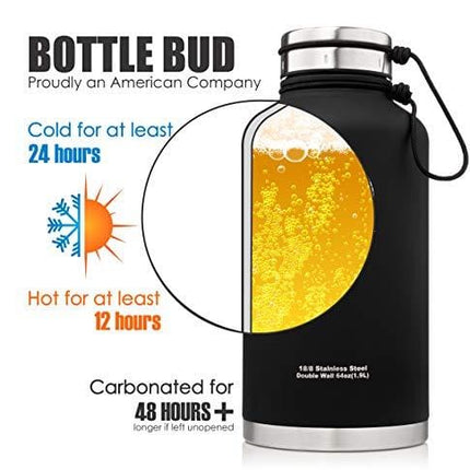 Bottle Bud Insulated Beer Growler – Keeps Beer Carbonated and Cold for More Than 24 Hours – Keeps Drinks Hot for 12 Hours – Leak Proof Lid, Neoprene Carry Case – Stainless Steel Growler for Beer 64 oz