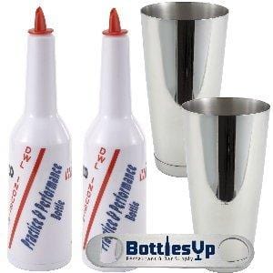 Flair Bartending"2 Bottles 2 Tins" Practice and Performance Bottle with"Bottles-up" Signature Series Bottle Opener