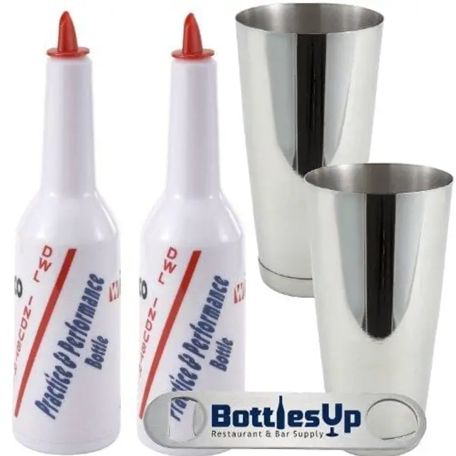Flair Bartending"2 Bottles 2 Tins" Practice and Performance Bottle with"Bottles-up" Signature Series Bottle Opener