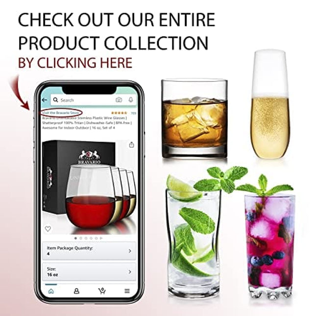 Bravario Unbreakable Stemless Plastic Wine Glasses | Reusable | Shatterproof 100% Tritan Plastic | Dishwasher-Safe | BPA-free | Awesome for Indoor & Outdoor | 13 oz, Set of 4