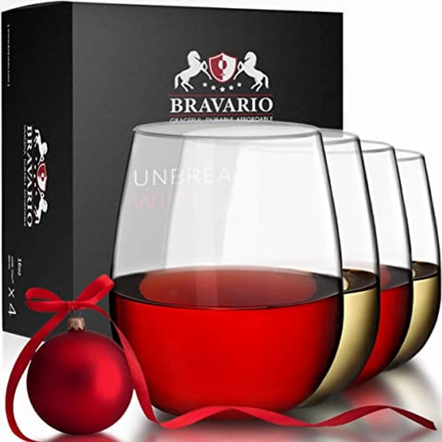 Bravario Unbreakable Stemless Plastic Wine Glasses | Reusable | Shatterproof 100% Tritan Plastic | Dishwasher-Safe | BPA-free | Awesome for Indoor & Outdoor | 16 oz, Set of 4