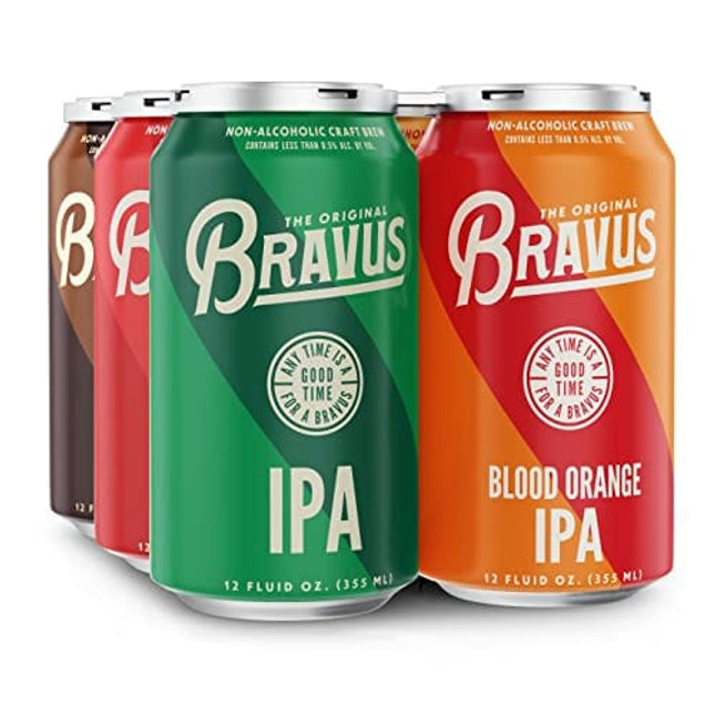Bravus Non-Alcoholic Variety Sampler 12 Pack x 12 Fl Oz Cans - Low-Calorie, Gluten-Reduced, Vegan NA Craft Brew, 2 IPA, 2 Oatmeal Dark, 2 Raspberry Goose, 2 Peanut Butter Dark, 4 Blood Orange IPA