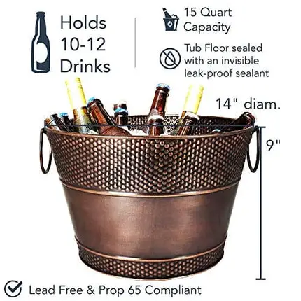 BREKX Copper Galvanized Old Tavern Copper-Finish Beverage Ice Bucket/Drink Tub for Parties, Wedding Gifts, 15 Quarts -Farmhouse Decor